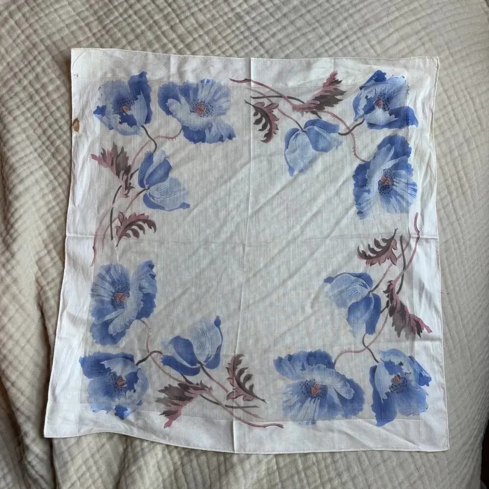 Vintage Floral Scarf Blue White Handkerchief Scarf Cottagecore Scarf Romantic